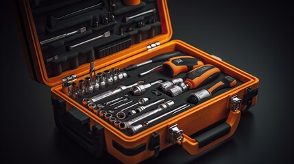 An organized set of professional tools displayed in a compact orange toolbox, ideal for mechanical work