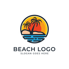 Beach logo design with sunset atmosphere concept. Vector design illustration.