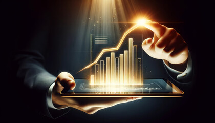 Businessman analyzing financial chart on digital tablet, highlighting growth and success in technology-driven business environment.