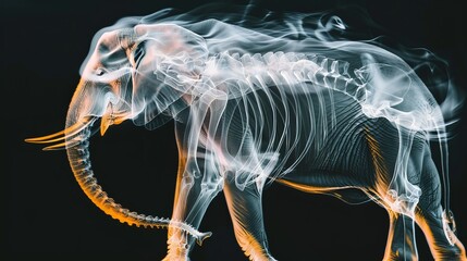 X-ray film of elephant lateral view closed up in head and half body. Veterinary medicine and Veterinary anatomy Concept. Abstract x-ray photo on a black background with a double exposure effect