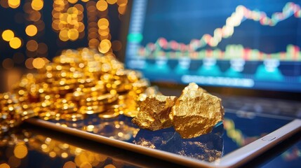 A digital tablet displaying overlaid graphs of gold prices and economic indicators, highlighting market trends