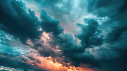 A dramatic sky filled with dark storm clouds, creating a sense of intensity and power