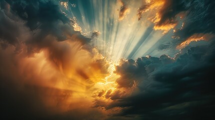 Naklejka premium A dramatic sky with rays of sunlight streaming through gaps in the clouds, creating a heavenly effect
