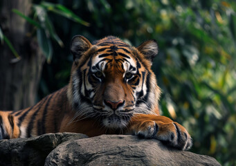 A tiger rests on a rock, gazing intently with its front paw draped over the edge.
