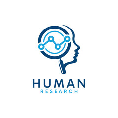 Abstract Magnifying glass with a person's and digital element combination as research concept. Vector logo illustration.