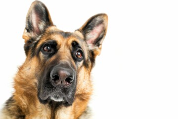 Closeup of german shepherd dog looking up at camera on white background pet portrait for animal lovers