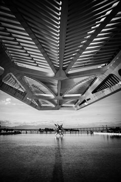The Modern Structure of Museu do Amanh&atilde; (Museum of Tomorrow) and the Puffed Star II Sculpture on its Water Surface in Monochrome - Rio de Janeiro, Brazil