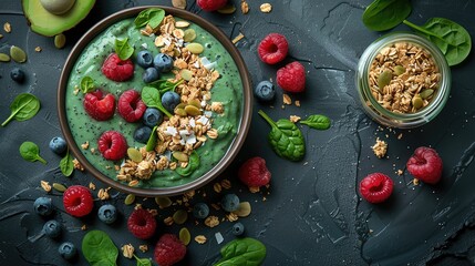 A delicious and healthy breakfast bowl with spinach, avocado, raspberries, blueberries, and...