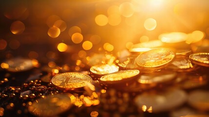 A pile of gold coins sparkling under bright light, symbolizing financial success and prosperity
