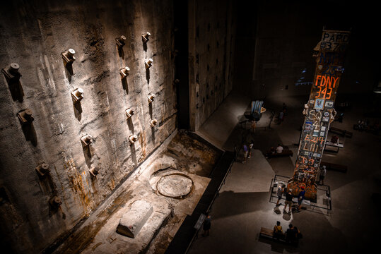 High Angle View of the Main Hall of the National September 11 Memorial, with the Last Column of the World Trade Center standing in the Center of the Room - Manhattan, New York City