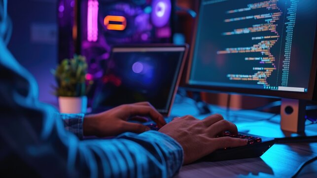 Close-up of a programmer's hands typing on a backlit keyboard, with lines of code displayed across multiple computer screens. AIG41