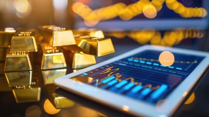 A tablet computer displaying overlaid graphs of gold prices and economic indicators, with copy space for financial concepts