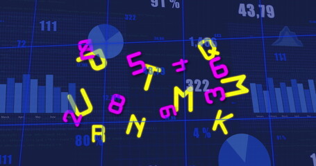 Image of letters, numbers and data processing over blue background