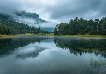 A calm lake reflects surrounding pine forests and mist-covered mountains under an overcast sky.

