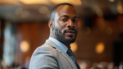Fototapeta premium A black business man sharing his expertise and insights at a conference