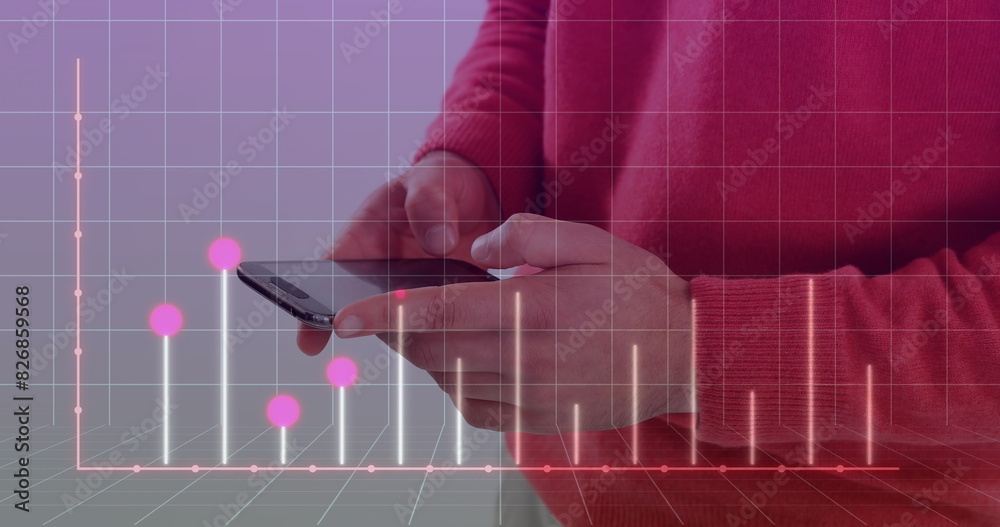 Poster image of graph on grid pattern over midsection of man standing and using cellphone