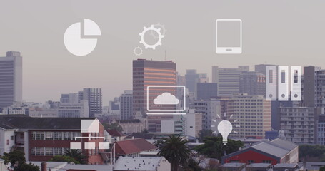 Image of multiple icons over modern cityscape against sky