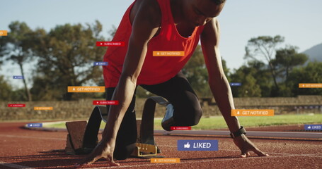 Image of notification bars, african american athlete with prosthetic legs at starting line