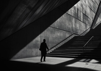 A solitary man walks up a shadowed concrete staircase in a minimalist, modern architectural setting.
