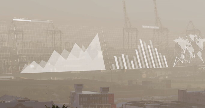 Image of multiple graphs, loading bars and map over aerial view of modern buildings