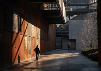 A person walks through an industrial corridor bathed in warm sunlight, casting elongated shadows on the rusted metal walls.
