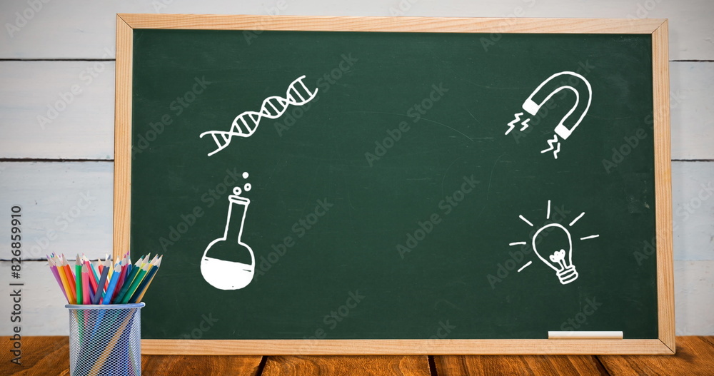 Sticker school blackboard displays drawings of dna, magnet, a flask, and a light bulb