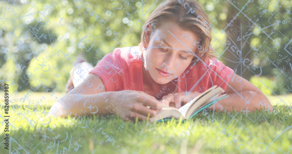 Poster Caucasian elder wearing red shirt, studying book on green background