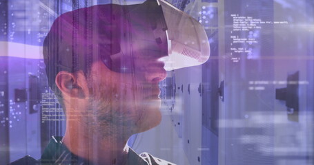 Caucasian male wearing virtual reality headset, exploring digital data