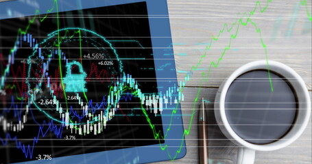 Computer screen showing stock market graphs on blue background