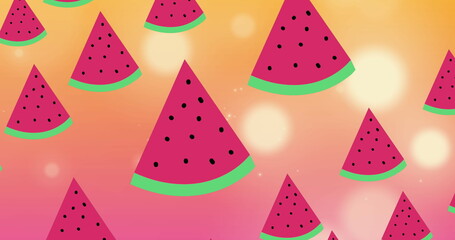 Watermelon slices with seeds are floating on vibrant pink and orange background