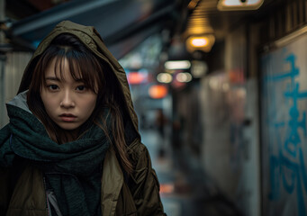 A woman wearing a hooded jacket and scarf stands in an urban alleyway with blurred lights and graffiti in the background.
