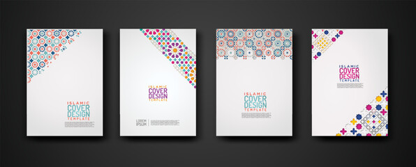 Set islamic cover design template with colorful detail and texture of floral mosaic islamic art ornament.