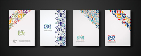 Set islamic cover design template with colorful detail and texture of floral mosaic islamic art ornament.