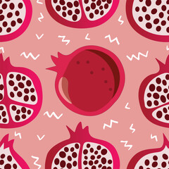 Vector seamless pomegranate pattern on pink background with white abstract shapes.