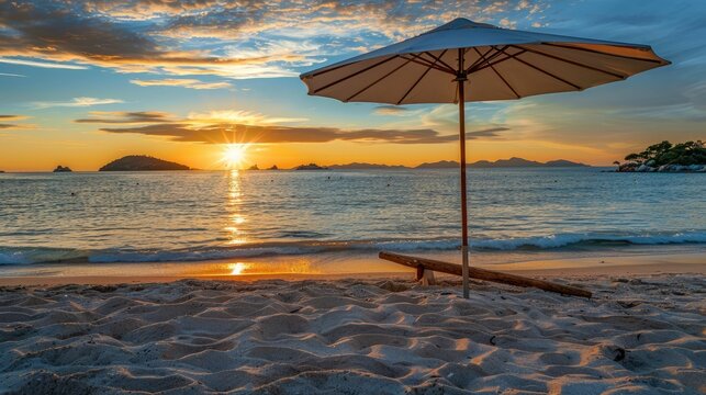 Sunset view of the beautiful Cies Islands from Samil beach under an umbrella Serene evening scenery by the sea