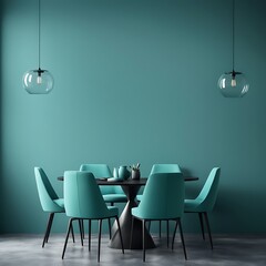 Meeting Area or Dining Room with Large Black Round Table and Teal Cyan Chairs. Empty Wall with Turquoise Azure Paint Color Accent. Modern Kitchen Interior for Home or Cafe. Art Mockup. 3D Render.