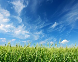 Fototapeta premium Serene Summer Sky with Wispy Clouds Over Vibrant Green Grass Field