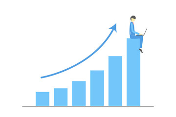 右肩上がりの棒グラフに座って仕事をするビジネスマン