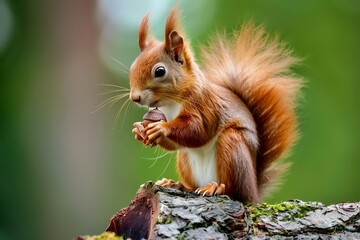 Red Squirrel Eating a Nut on a Tree Trunk