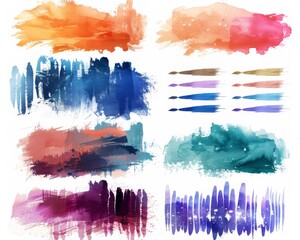 A collection of vibrant watercolor brush strokes in various colors and styles, perfect for background, banner, or artistic designs.