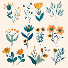 Hand-Drawn Botanical Illustrations Set with Colorful Flowers and Leaves