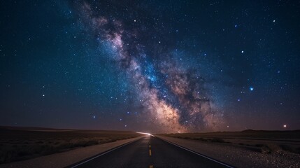 A deserted desert highway under a star-filled sky, with the road illuminated only by the faint light of distant headlights 32k, full ultra hd, high resolution