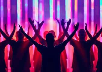 Energetic Crowd at Concert Party with Raised Hands and Vibrant Stage Lights