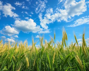 Vibrant Wheat Field Under Blue Sky with Fluffy Clouds Summer Agriculture Concept