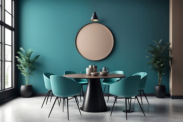 Meeting Area or Dining Room with Large Black Round Table and Teal Cyan Chairs. Empty Wall with Turquoise Azure Paint Color Accent. Modern Kitchen Interior for Home or Cafe. Art Mockup. 3D Render.