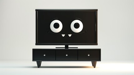 A 3D cartoon TV stand character in sleek black, looking modern, with animated drawers that blink and a flat screen TV with cartoon eyes, isolated on white background