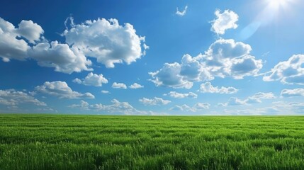 Obraz premium An expansive field of grass with a bright blue sky and fluffy white clouds overhead