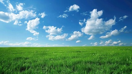 Obraz premium An expansive field of grass with a bright blue sky and fluffy white clouds overhead