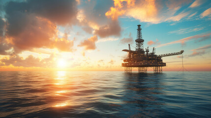 Oil rig platform at sunset with reflection on the water. Offshore drilling rig