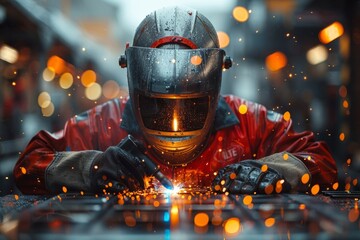 An industrial worker welds in a workshop, wearing safety gear helmet and gloves, sparks flying